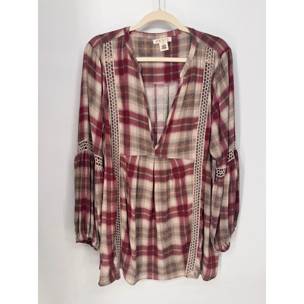 Torrid Tunic Women 1X Seedpearl NWT Plaid Gauze Crochet Lace Trim V-Neck Festi